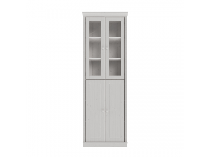 Estante Biblioteca 220 cm com duas portas de madeira e duas portas de vidro na cor branco lavado | Coleção Biblioteca